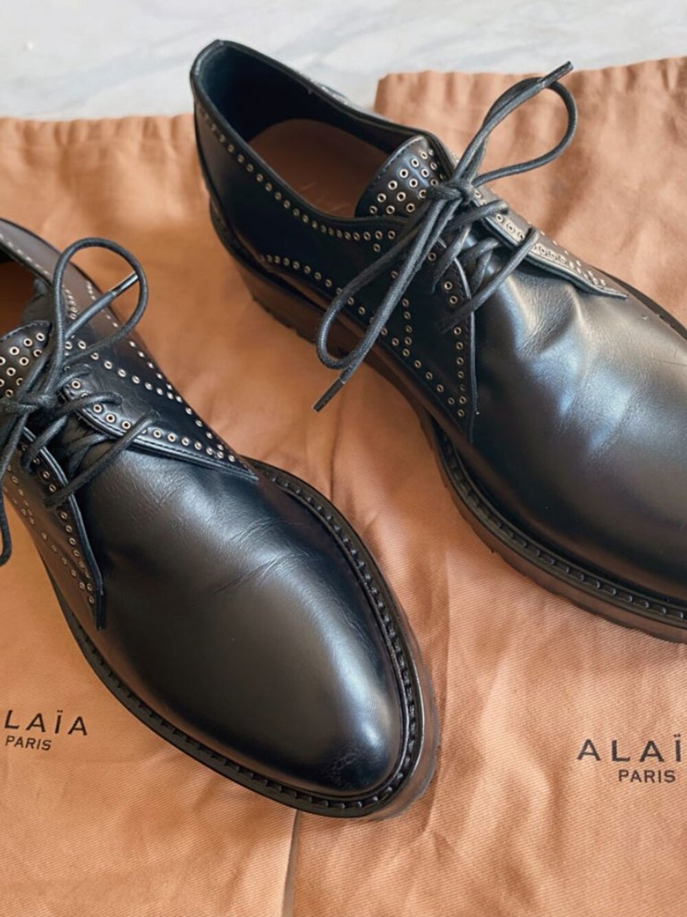 Alaïa Paris Black Leather Eyelet Derby Shoes | Almond Toe Lug Sole | EU 36.5